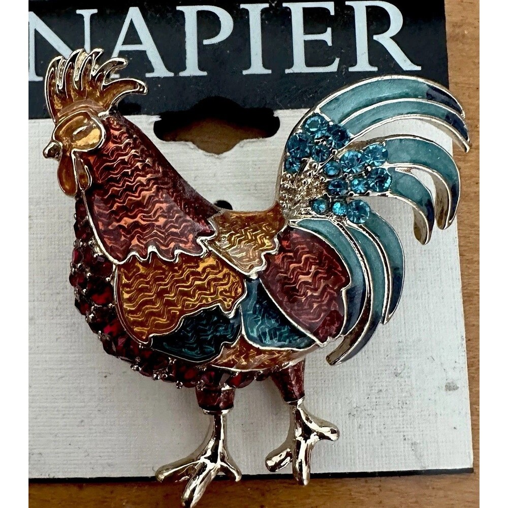 NAPIER Rooster Guilloche Enamel Aqua Gold Amber Rhinestones Goldtone Brooch